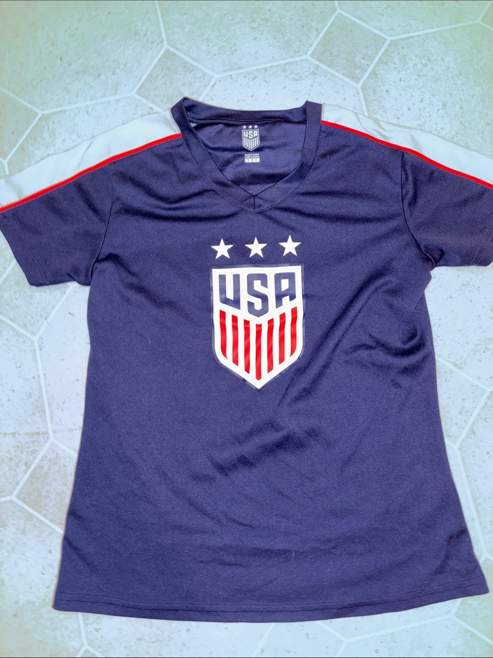 Kids Alex Morgan USA Crest Navy Soccer Jersey Top - White Crest Detail